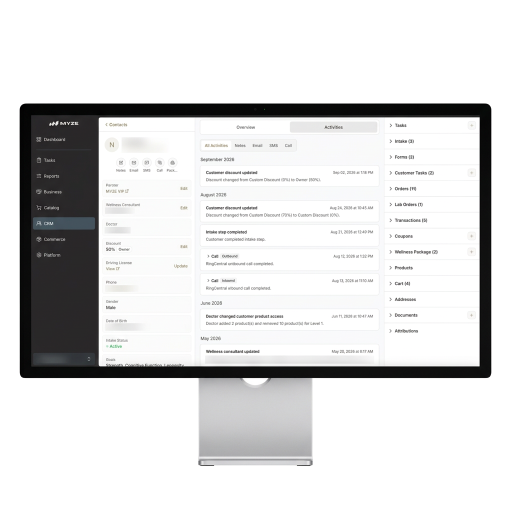 MYZE customer relationship management view on a desktop monitor