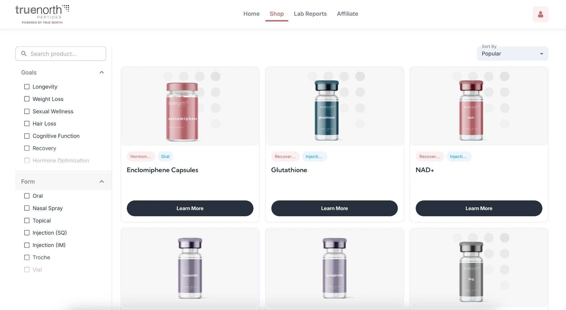 Example peptide catalog with product cards and goal filters, with sample prices removed
