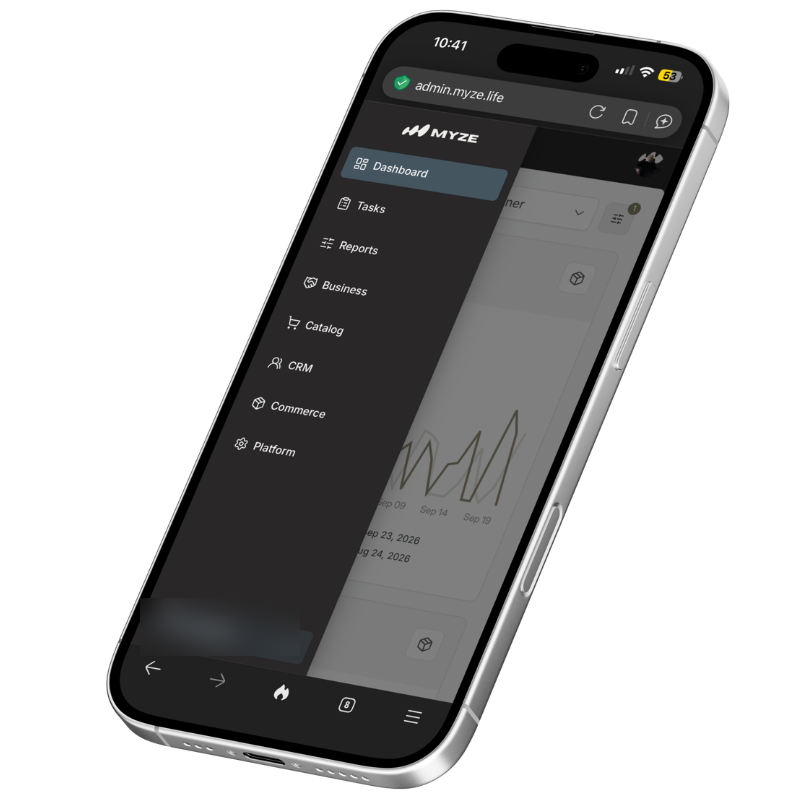 MYZE tenant administration on a mobile device