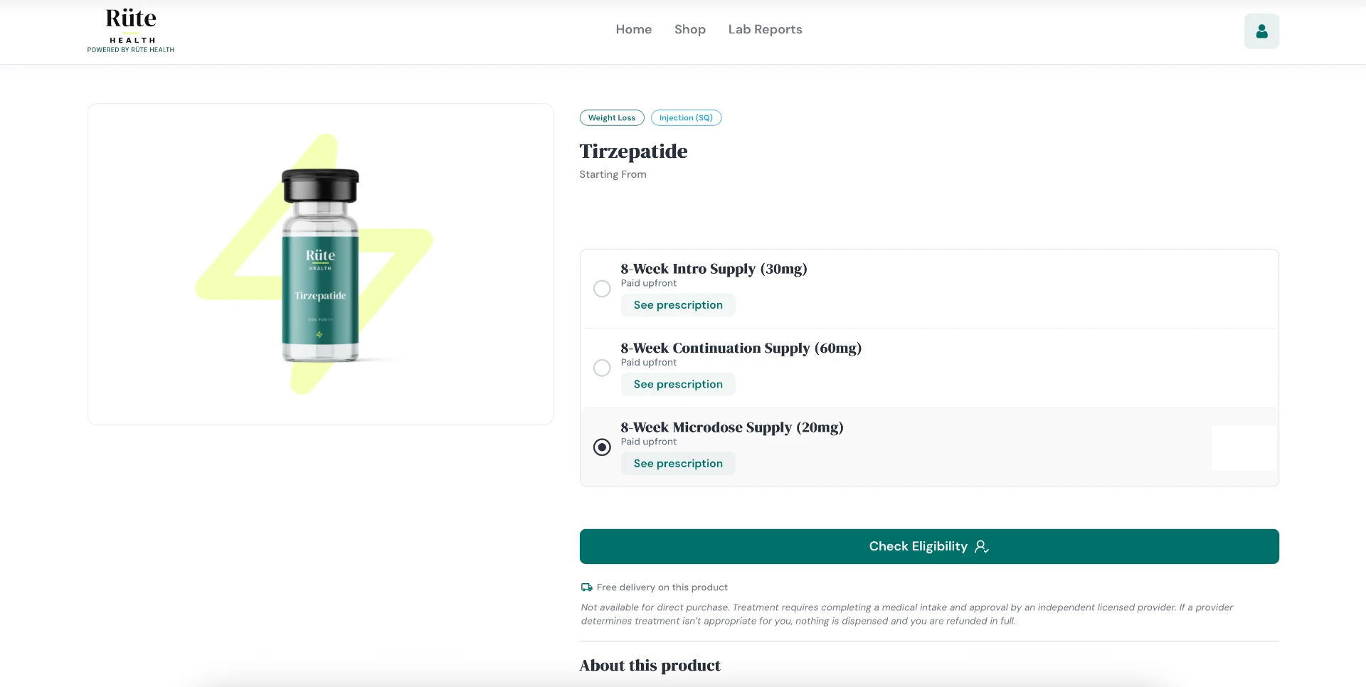 Example branded product page showing treatment options and an eligibility button, with sample prices removed